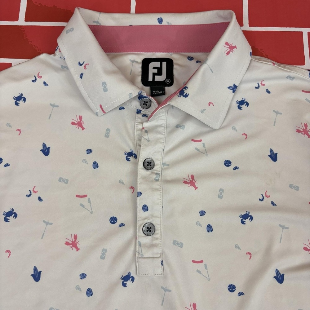 FootJoy Golf Polo Shirt Mens XL White Nautical Crab Print Fripp Island Stretch